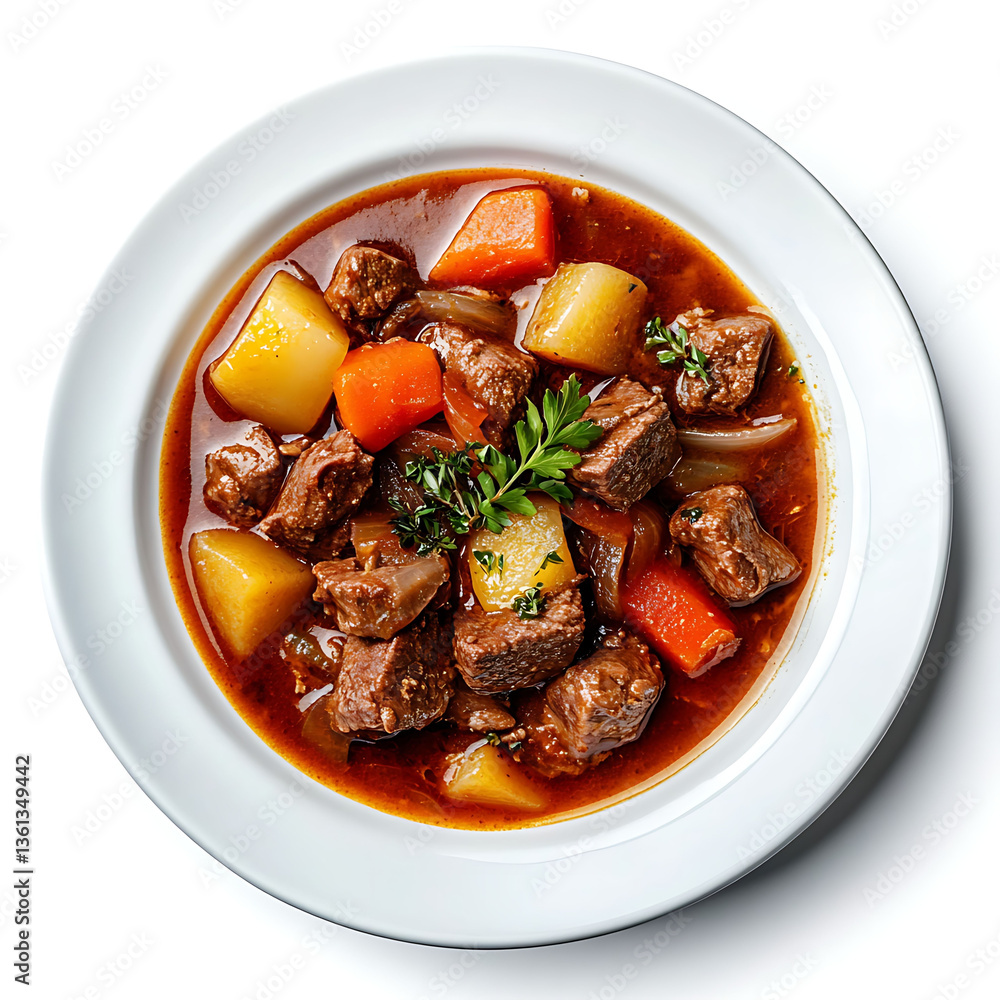 Beef stew soup in a plain white Oval ceramic plate, a realistic photo, top-down view, with bright lighting, white background Beef stew soup in a plain white Oval ceramic plate, a realistic photo, top-down view, with bright lighting, white background