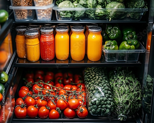 Organized Fridge Filled with Fresh Produce and Jars