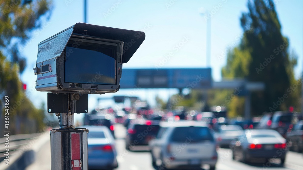 Traffic Camera Monitoring Busy Urban Highway with Line of Cars and Clear Blue Sky in Background Traffic Camera Monitoring Busy Urban Highway with Line of Cars and Clear Blue Sky in Background
