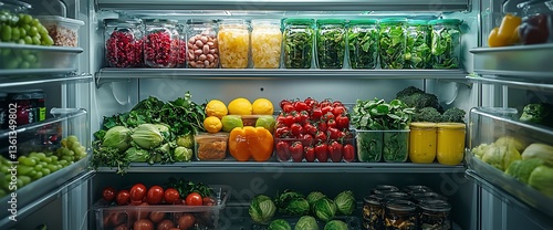 Organized Fridge Filled with Fresh Produce