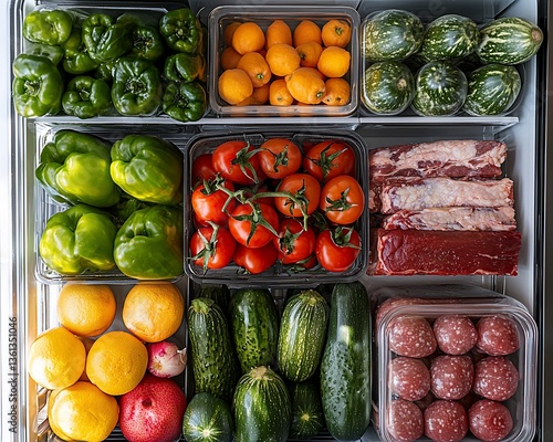 Organized Refrigerator with Fresh Produce and Meat