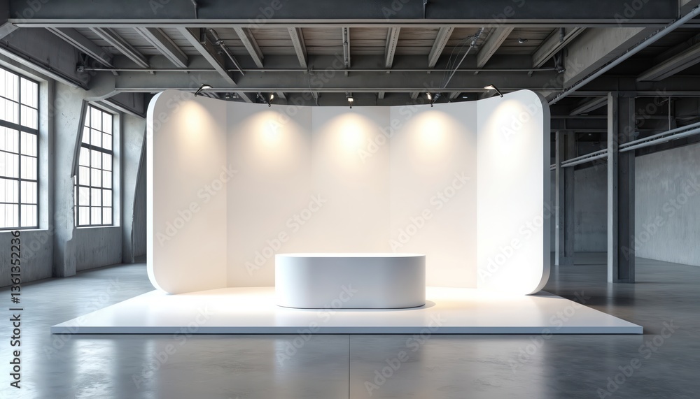 White stand booth presentation event mockup. Visual promotional blank wall display exhibition with podium. Empty expo business corner retail background. Blank space for product, branding, advertising. White stand booth presentation event mockup. Visual promotional blank wall display exhibition with podium. Empty expo business corner retail background. Blank space for product, branding, advertising.