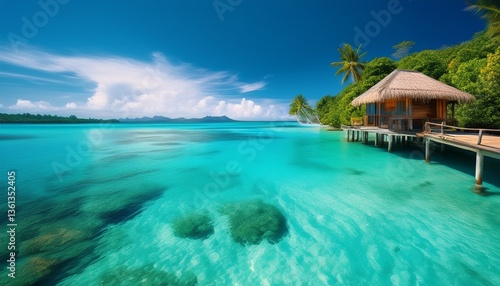 A tropical paradise with turquoise waters and a wooden hut on stilts; Endless Summer: Sun, Sand, and Golden Memories; summer get away