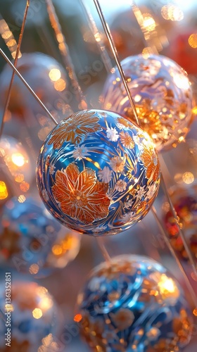 Ornate glass balls, strung, outdoor display, bokeh lights