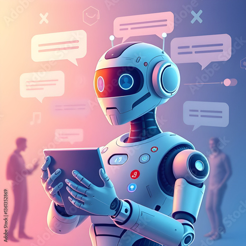 A friendly robot assistant diligently manages messages and tasks on a tablet, providing seamless communication with soft glowing lights and a blurred background.