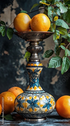Ornate hookah with oranges and leaves