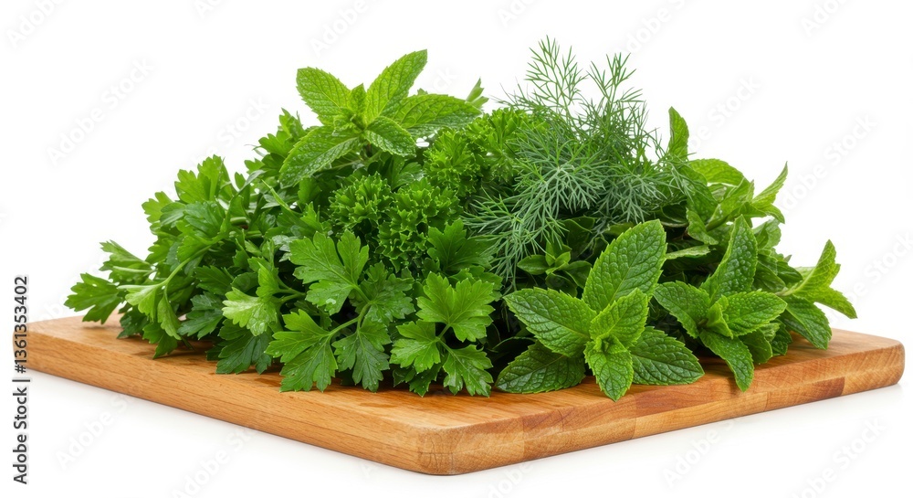 Fresh Parsley Mint and Dill Herbs on Wooden Board Fresh Parsley Mint and Dill Herbs on Wooden Board