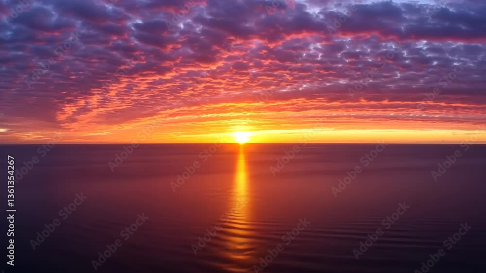 Vibrant sunset over calm ocean, colorful clouds Vibrant sunset over calm ocean, colorful clouds