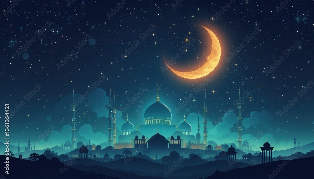 Naklejka premium starry night sky mosque eid Mubarak greeting card background