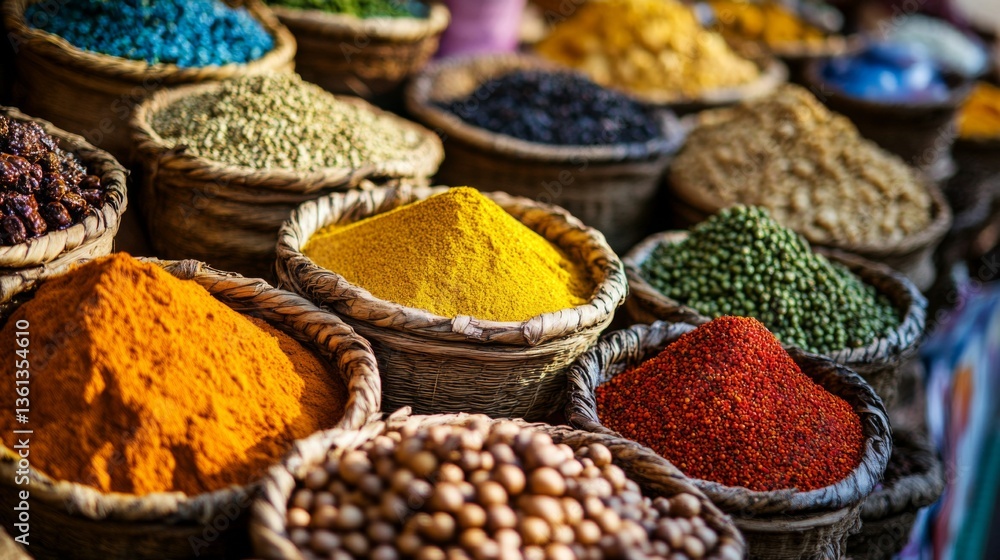 A vibrant display of colorful spices arranged in woven baskets. Each spice brings unique flavors and aromas to cuisine. Perfect for cooking or food photography. Generative AI A vibrant display of colorful spices arranged in woven baskets. Each spice brings unique flavors and aromas to cuisine. Perfect for cooking or food photography. Generative AI
