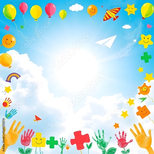 Colorful Children’s Day Background with Balloons and Sunshine