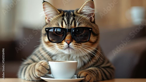 Stylish cat wearing sunglasses enjoying coffee at home  