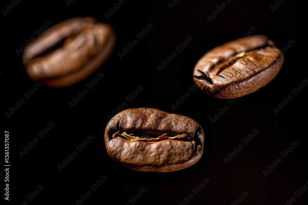 Fototapeta premium Floating Coffee Beans in Air Isolated on Dark Background