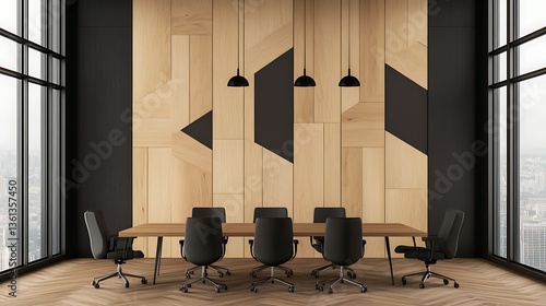 Wallpaper Mural Modern Conference Room Design: 3D Render of a Sleek, Wood-Paneled Meeting Space AI Generated Torontodigital.ca