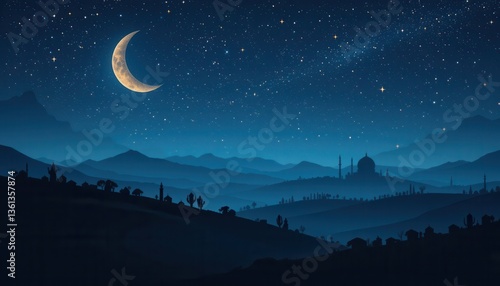 night landscape with moon mosque eid Mubarak greeting card background