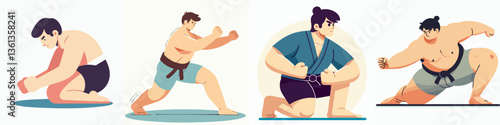 vector collection of a young male athlete wrestling