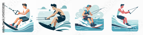 vector collection of a young male athlete water skiing