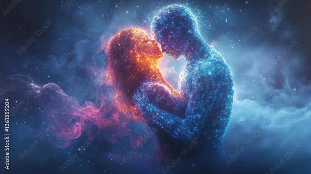 Fototapeta premium A couple embracing, their bodies composed of glowing particles, in a celestial scene filled with ethereal light and smoke.