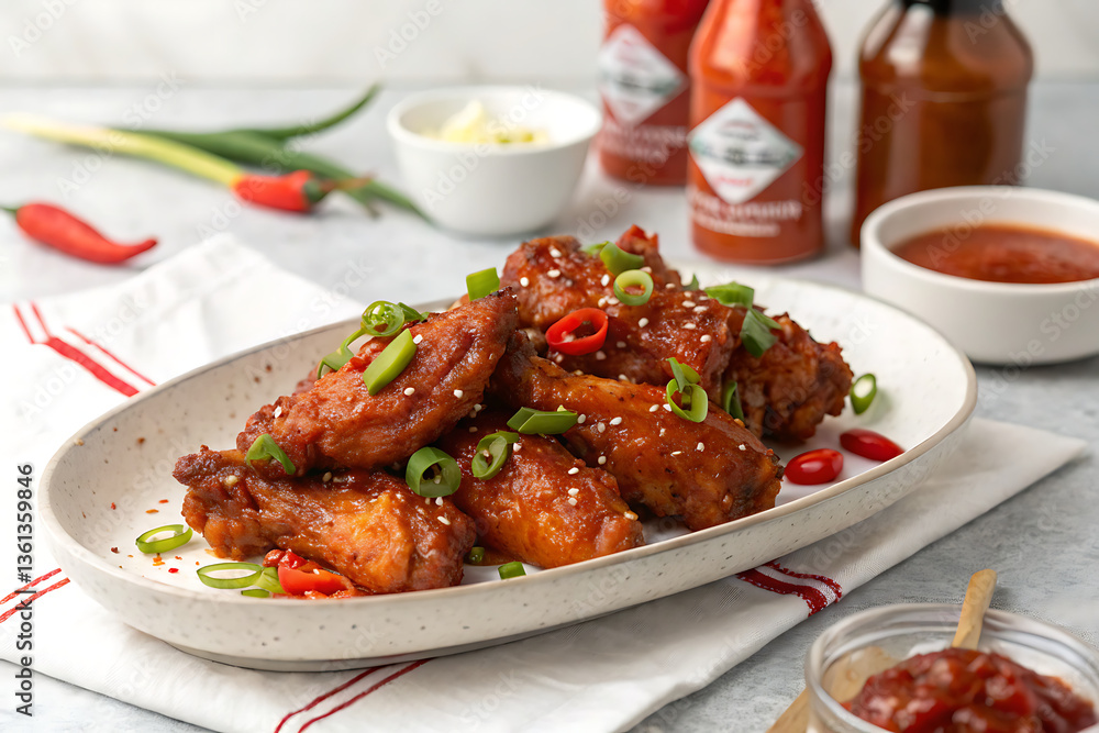 Fried chicken wings with tomato sauce served on a plate with vegetables and a side salad Fried chicken wings with tomato sauce served on a plate with vegetables and a side salad