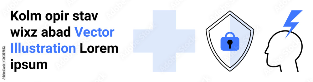 Obraz premium Shield with lock symbol, medical cross, and brain profile with lightning bolt. Ideal for cybersecurity, data protection, mental health, medical technology, online safety, innovation flat landing