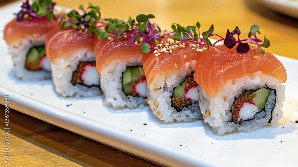 Fresh and Colorful Sushi Rolls with Salmon and Vegetables Served on a White Plate Fresh and Colorful Sushi Rolls with Salmon and Vegetables Served on a White Plate
