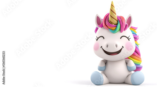A cartoon unicorn with a rainbow mane and a smile on its face