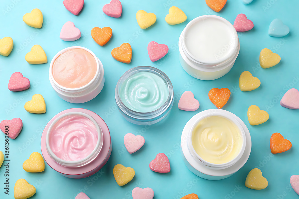 Colorful Beauty Creams and Candy Flat-Lay – Vibrant Pastel Skincare Composition Colorful Beauty Creams and Candy Flat-Lay – Vibrant Pastel Skincare Composition