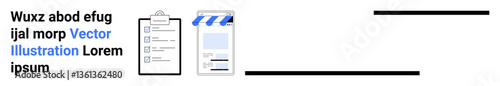 Clipboard with checklist and movie clapperboard next to interface elements. Ideal for project planning, film creation, organization, creativity, multimedia production, task management, simple landing