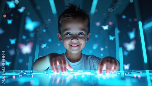 Boy surrounded by holograms and nanotechnology. Digitalization.