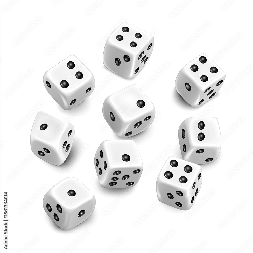 3D vector illustration of white dice in different angles and positions, including top view, side view, and front view, against a white background, 3D vector illustration of white dice in different angles and positions, including top view, side view, and front view, against a white background,