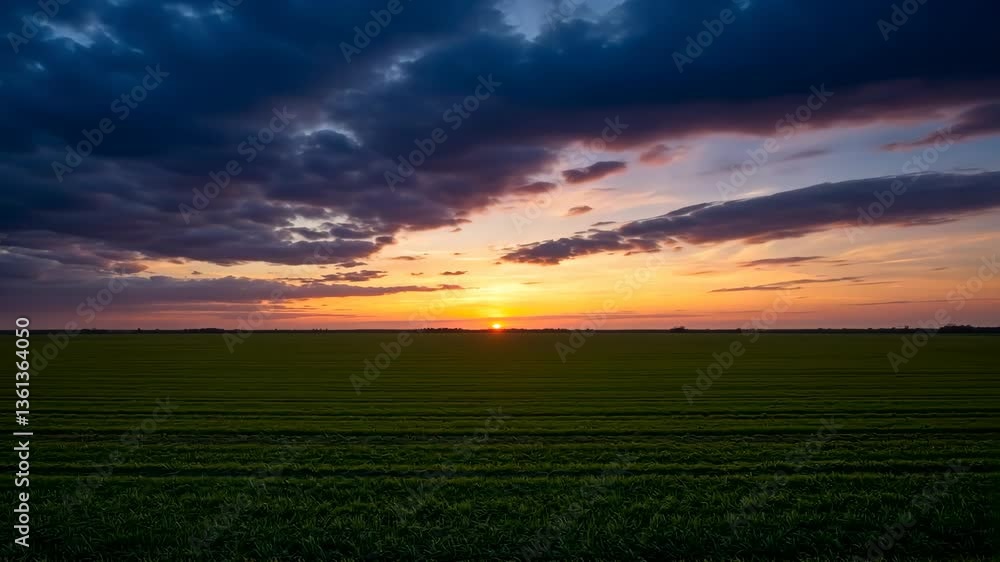 Vibrant sunset over vast green field Vibrant sunset over vast green field