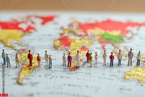 Tiny figurines stand on a detailed map of the world