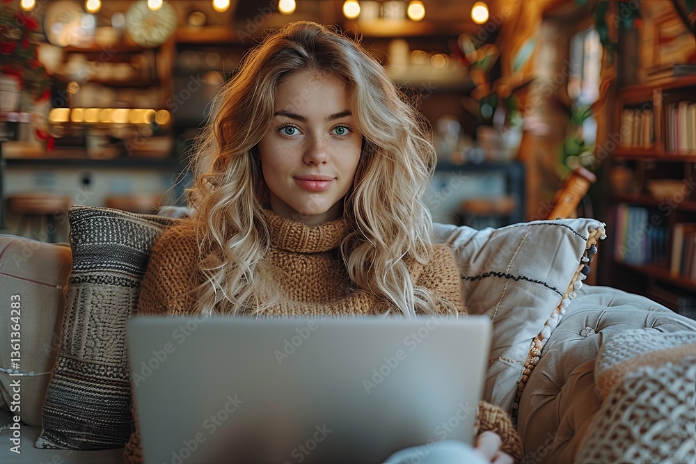 Blonde Woman With Wavy Hair Relaxing Indoors