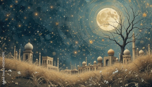 night landscape with moon mosque eid Mubarak greeting card background