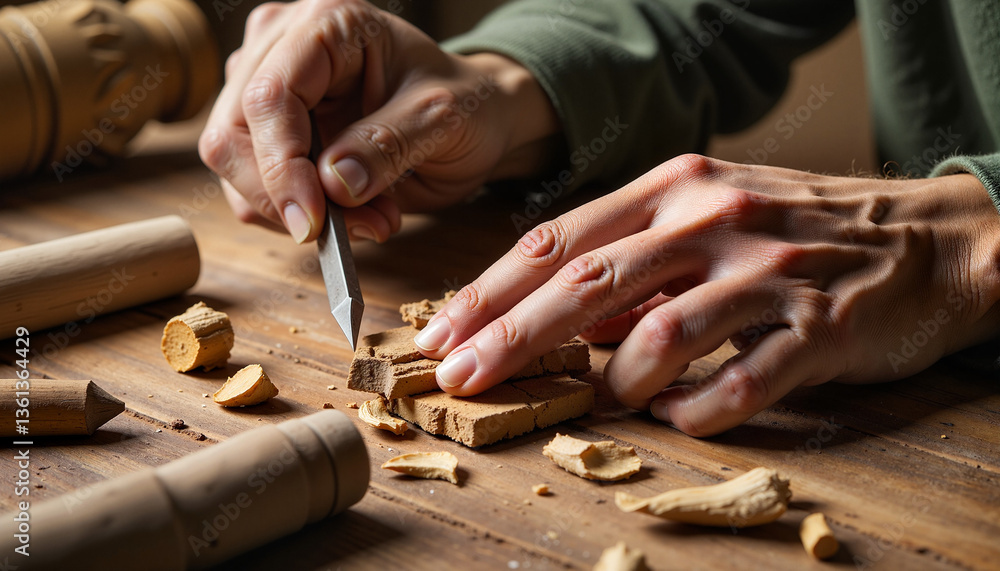 Obraz premium Focused artisan carving wood with hand tools, craftsmanship process