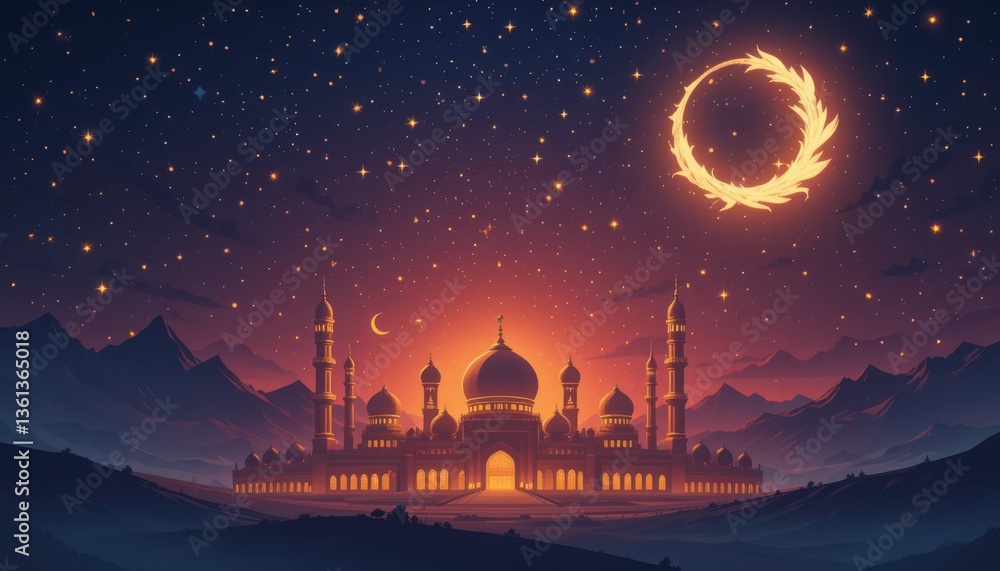 Obraz premium mosque at night eid Mubarak greeting card background