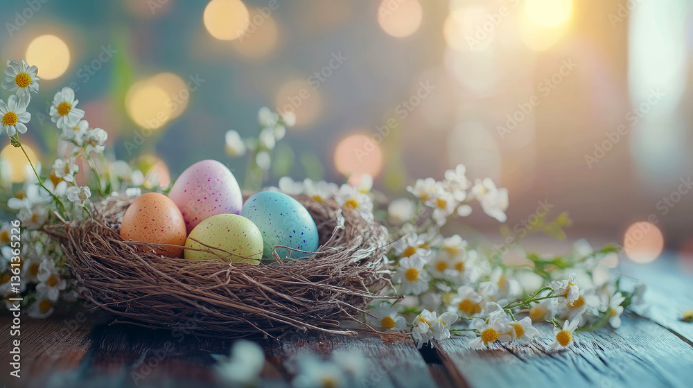 Easter spring background with colorful eggs in bird nest on wooden table, pastel flowers and bokeh lights, festive holiday concept with copy space Easter spring background with colorful eggs in bird nest on wooden table, pastel flowers and bokeh lights, festive holiday concept with copy space