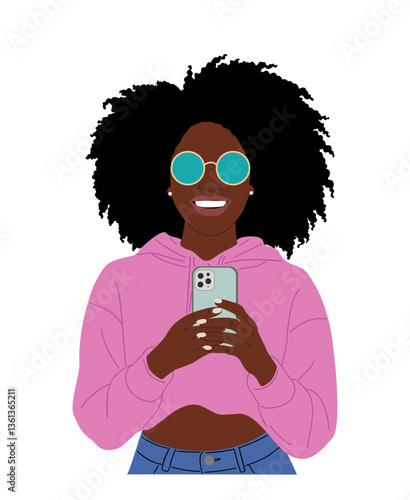 Trendy young black woman in pink hoodie with sunglasses using smartphone. Modern vector illustration of a stylish african american girl browsing social media isolated on transparent background