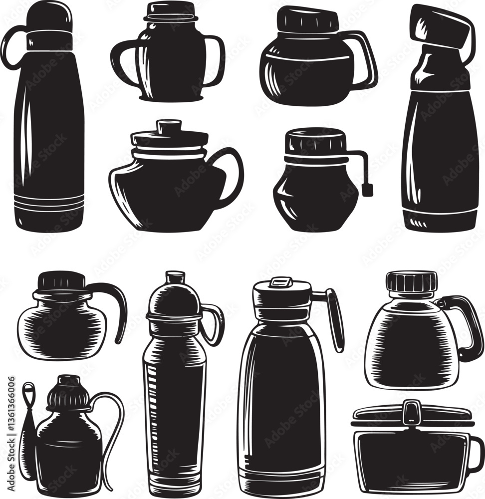 Collection of Thermos silhouette. vector Thermos illustration Collection of Thermos silhouette. vector Thermos illustration