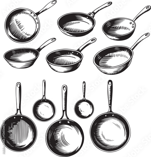 Hand  drawn Frying Pan illustration. vector art of coking elements