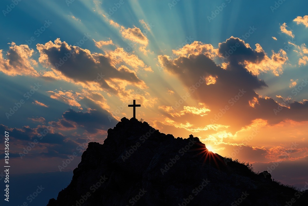 Easter Cross on Mountain at Sunrise with Rays and Clouds, Christian Symbol, Holy Week, Resurrection, Faith, Worship, Biblical Landscape Easter Cross on Mountain at Sunrise with Rays and Clouds, Christian Symbol, Holy Week, Resurrection, Faith, Worship, Biblical Landscape