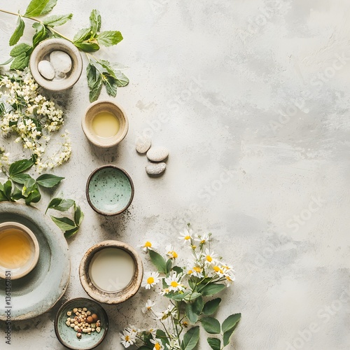 wellness trends concept Natural elements arranged artistically with bowls and flowers on a textured surface.