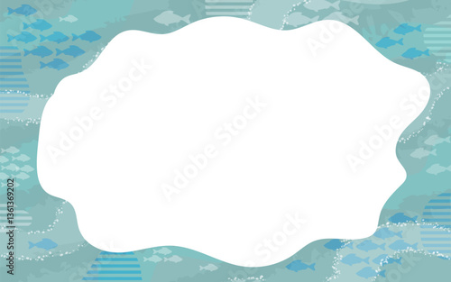 Vector beautiful frame with abstract marine fauna in flat style. Waves, schools of fish, algae