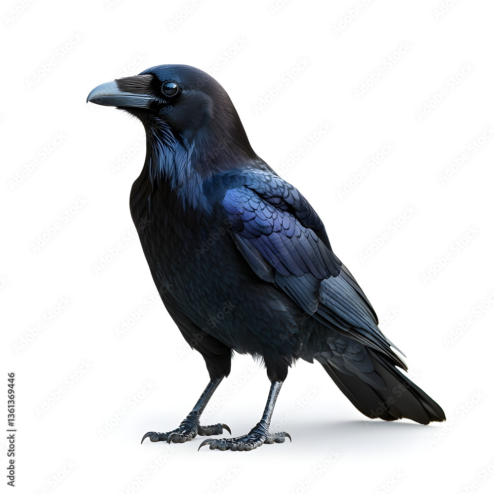 Obraz premium A realistic portrait of a majestic raven standing in profile, isolated on a white background. Its glossy black feathers shimmer with blue and purple hues, complementing its strong beak, intelligent 