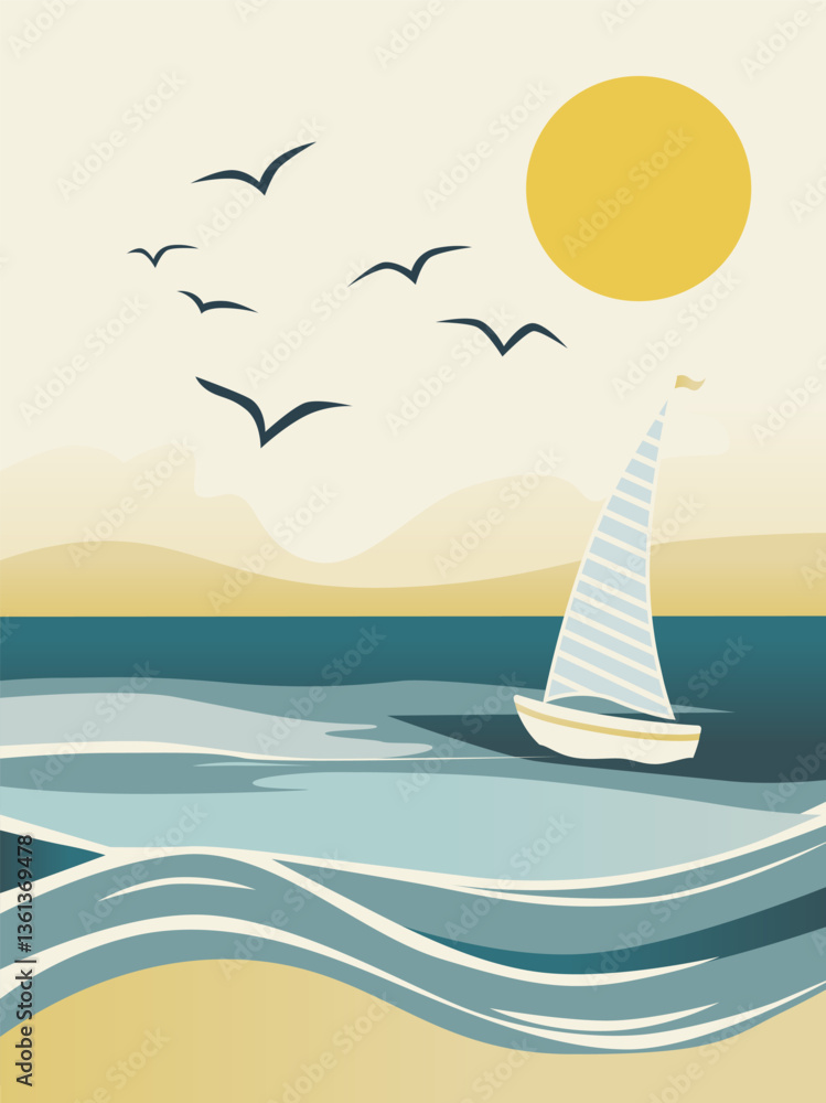 Naklejka premium Decorative banner. Summer vacation on the sea coast. Sea, ocean, yacht, seagulls. Vector illustration in flat style
