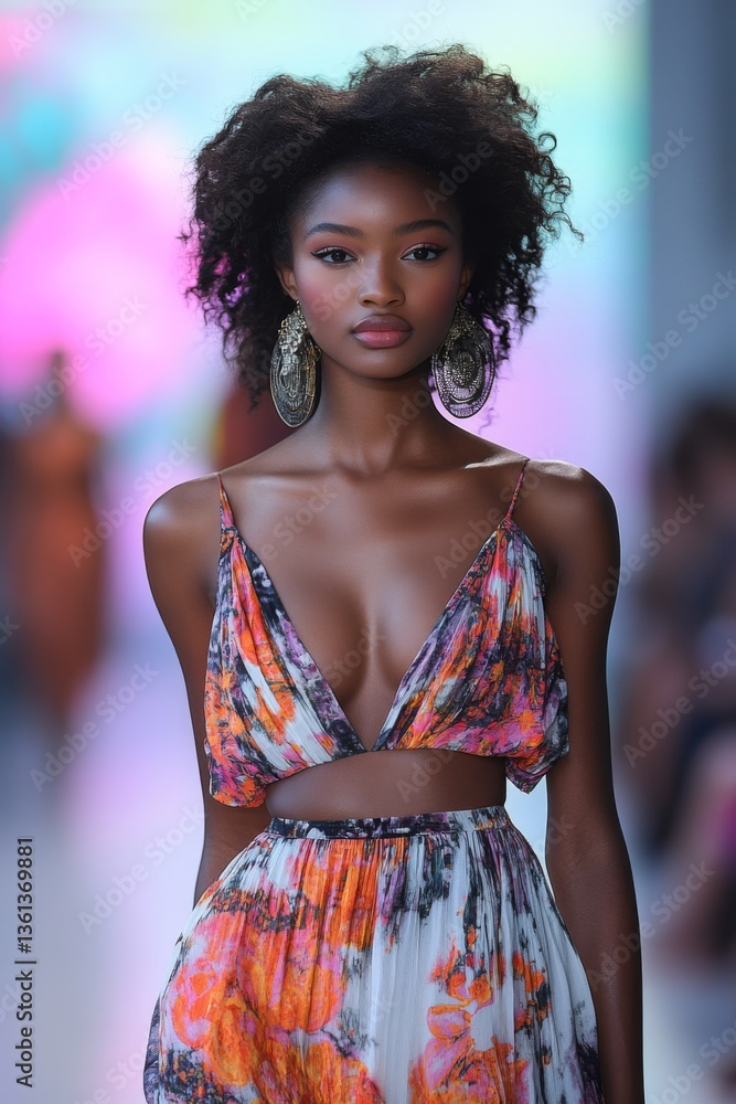 Elegant Model In Floral Red Dress