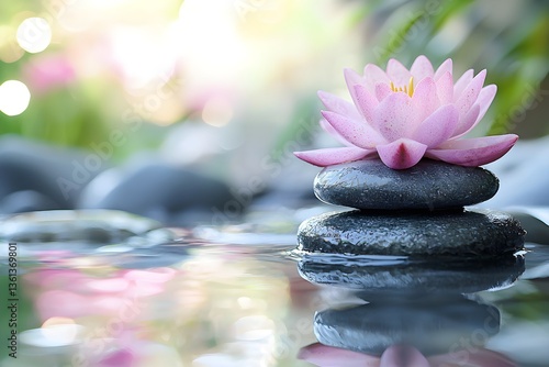wellness trends concept Serene lotus flower atop stones, reflecting in tranquil water with a soft, natural background.