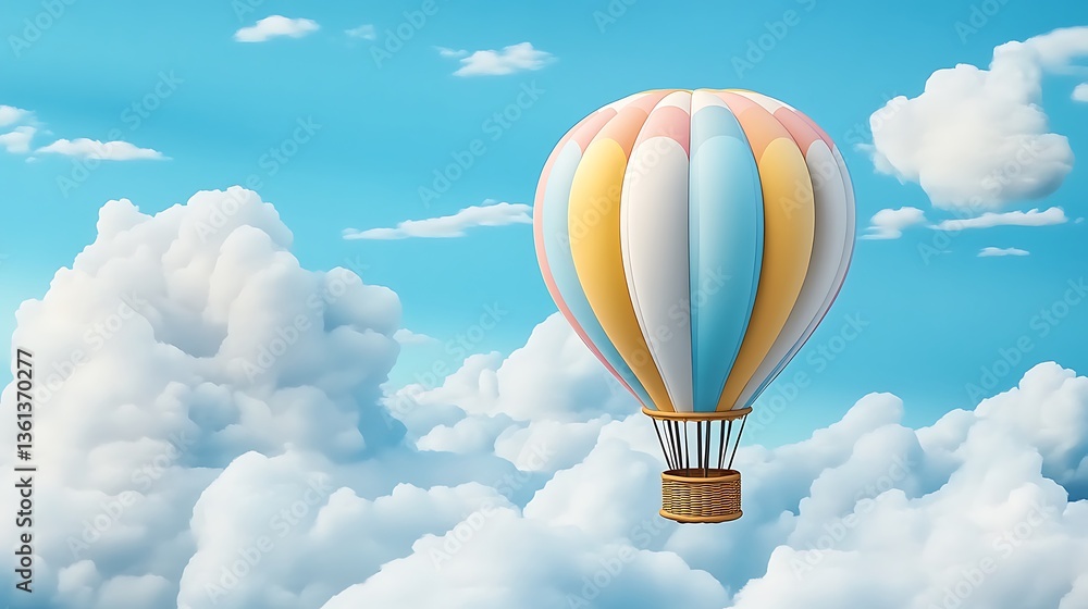 Fototapeta premium Pastel Hot Air Balloon Soaring Through Fluffy Clouds: A Digital Illustration AI Generated