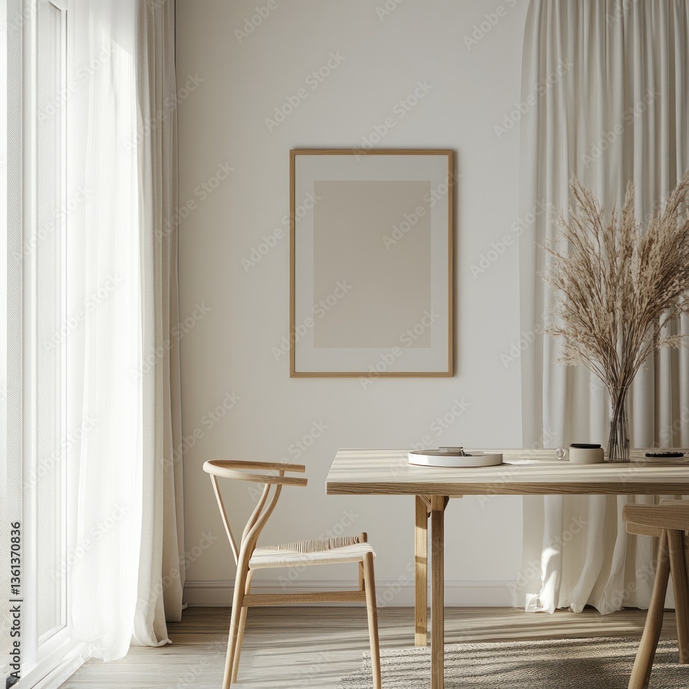 Fototapeta premium Minimalist dining room with wooden table, chairs, and pampas grass. (1)