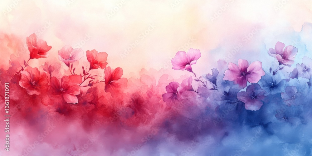Fototapeta premium Watercolor painting of blooming flowers with red and blue gradient background